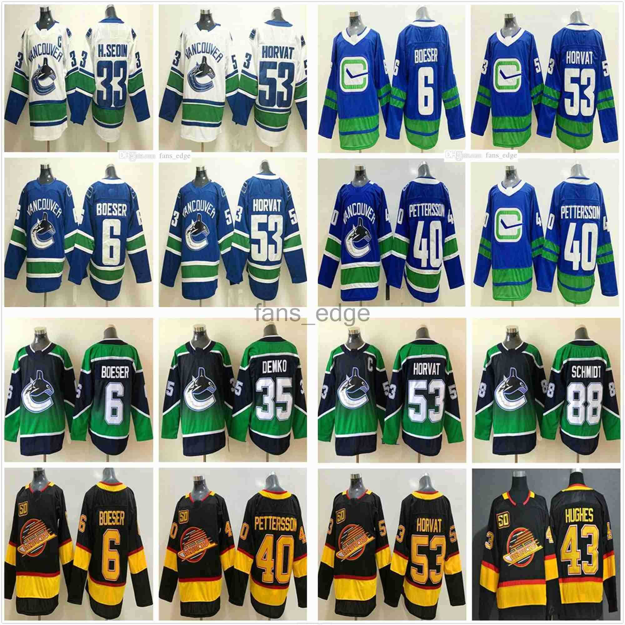 

Reverse Retro Vancouver Canucks Ice Hockey 40 Elias Pettersson Men Jersey 53 Bo Horvat 6 Brock Boeser 43 Quinn Hughes 35 Thatcher Demko 88 Nate Schmidt Shirt''nhl''ice, Black