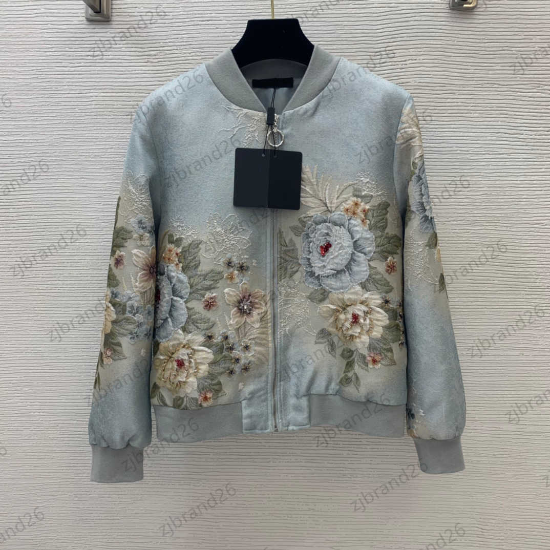 

Womens Jacket High-end Jacquard Fabric Peony Printed Zipper Jackets Coat Soft Lining Stitching Ribbon Neckline Cuff Tops Outerwear Women Clothes, 12