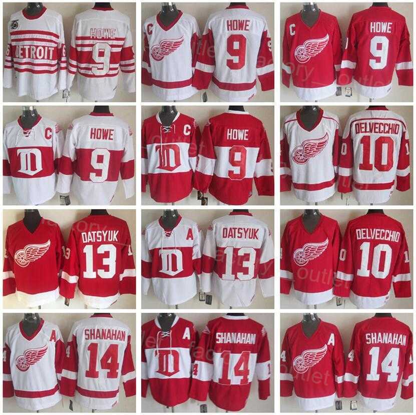 

Throwback Detroit Retro Red Wings Hockey 14 Brendan Shanahan Jersey 9 Gordie Howe 10 Alex Delvecchio 13 Pavel Datsyuk 75th Anniversary Vintage Classic Breathable, White