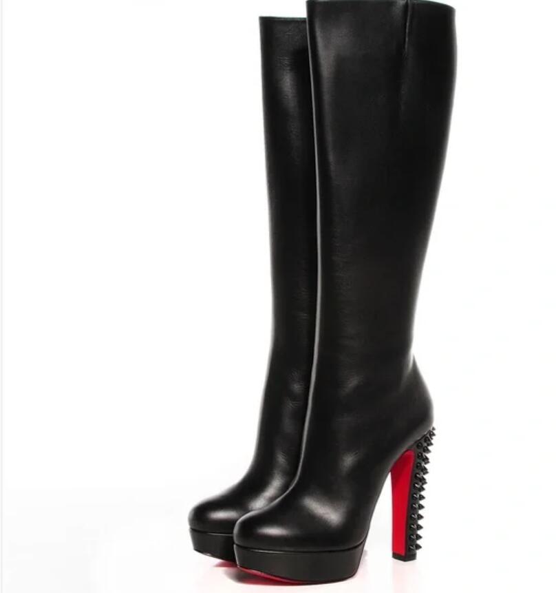 

Black long boot women shoes reds sole high hels Janis Botta Platform knee boot block heeled spiked pumps evening wedding party dress