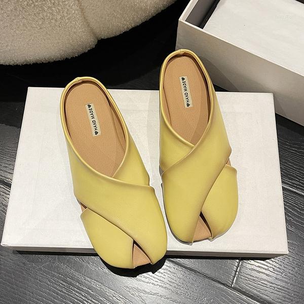

Slippers Women Summer Shoes Luxury Slides Low Female Mule Cover Toe Pantofle Loafers Flat Designer Mules 2022 Basic PU Fretwork, Apricot