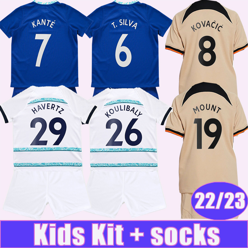 

22 23 KANTE KOVACIC Kids Kit Soccer Jerseys GIROUD PULISIC Home Away 3rd Football Shirt MOUNT ZIYECH JORGINHO Child Socks Uniforms, Tz10004 22 23 home no socks