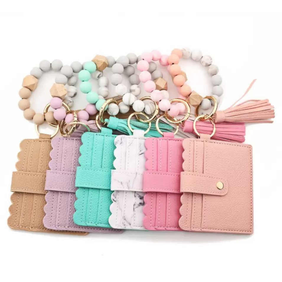 

PU Leather Bracelet Wallet Keychain Party Favor Tassels Bangle Key Ring Holder Card Bag Silicone Beaded Wristlet Keychains FY3399 b1019