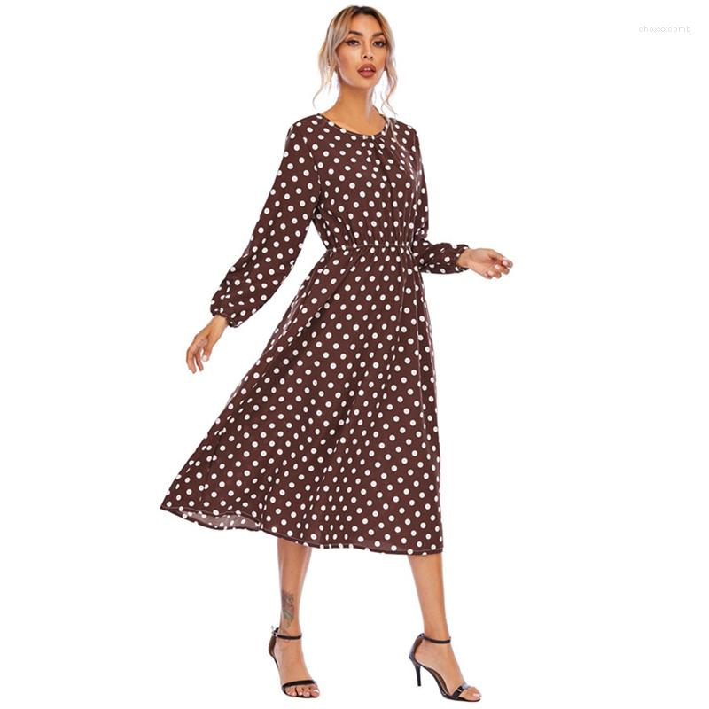 

Casual Dresses Fashion Round Collar Puff Sleeve Women Wave Point Print Chiffon Dress Ladies Waist Long Summer, Green