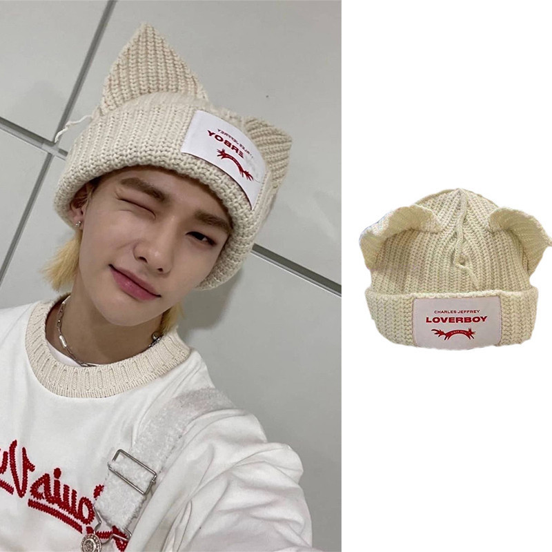 

BeanieSkull Caps KPOP Hat Stray Kids Minho Knitted Cat Ears Boy Girl s Beanie 221024, White
