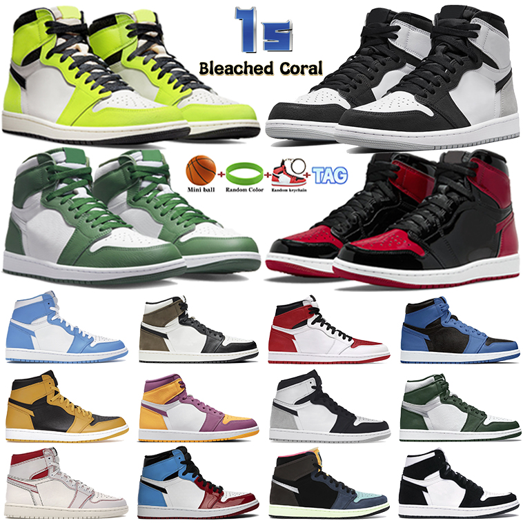 

Men Sneaker 1 1s basketball shoes patent bred University Blue heritage Bleached Coral Mocha Atmosphere Silver Toe UNC pollen black white, 10 pale ivory