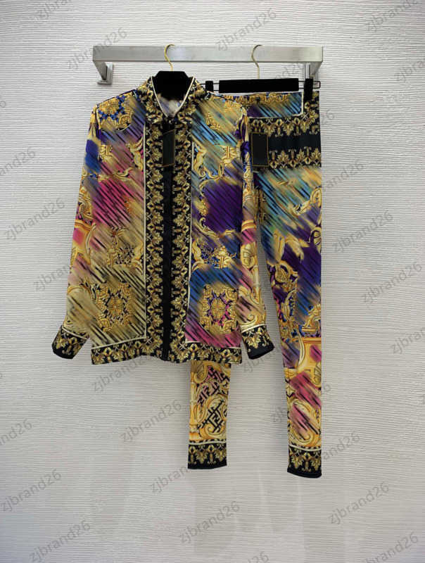 

Womens Two Piece Pants Gradient Double F Vintage Print Suit Single Breasted Buttons Loose Long-sleeved Shirts Elastic Waist Slim Casual Trousers Women Clothes 1970