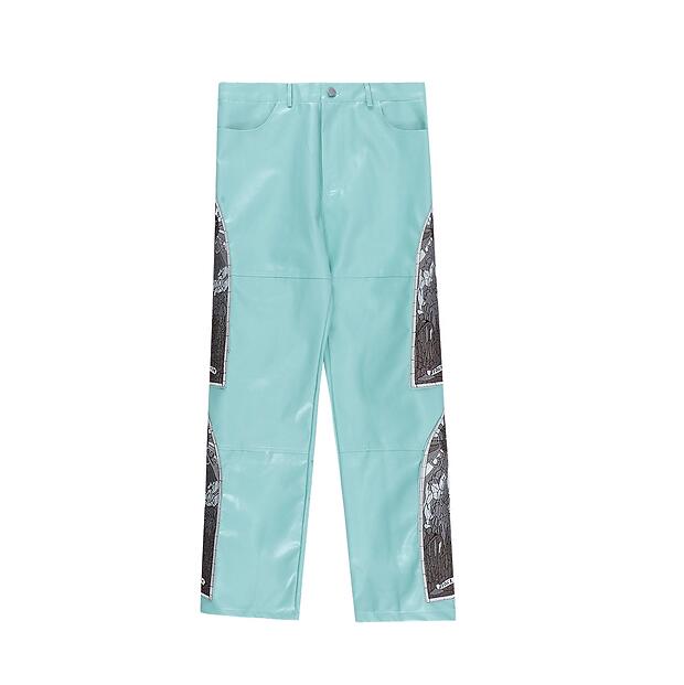 

2023 Hip Hop Embroidery PU Pants Men's Fashionable Patchwork Plus Size Straight Track Pants
