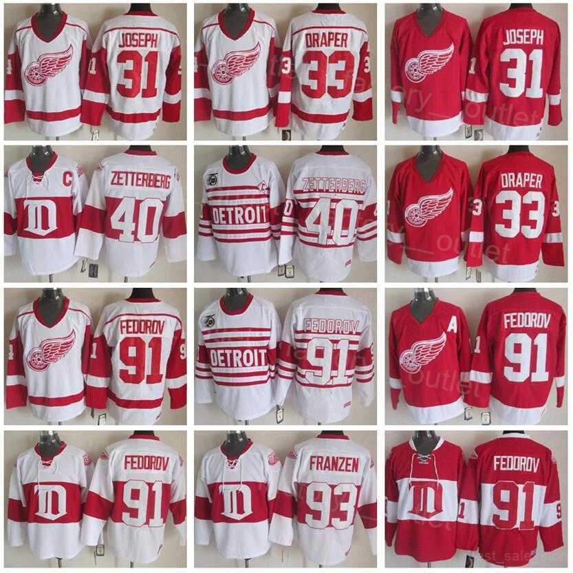 

Vintage Detroit Throwback Red Wings Hockey 93 Johan Franzen Jersey Retro 31 Curtis Joseph 91 Sergei Fedorov 40 Henrik Zetterberg 33 Kris Draper 75th Year Red White