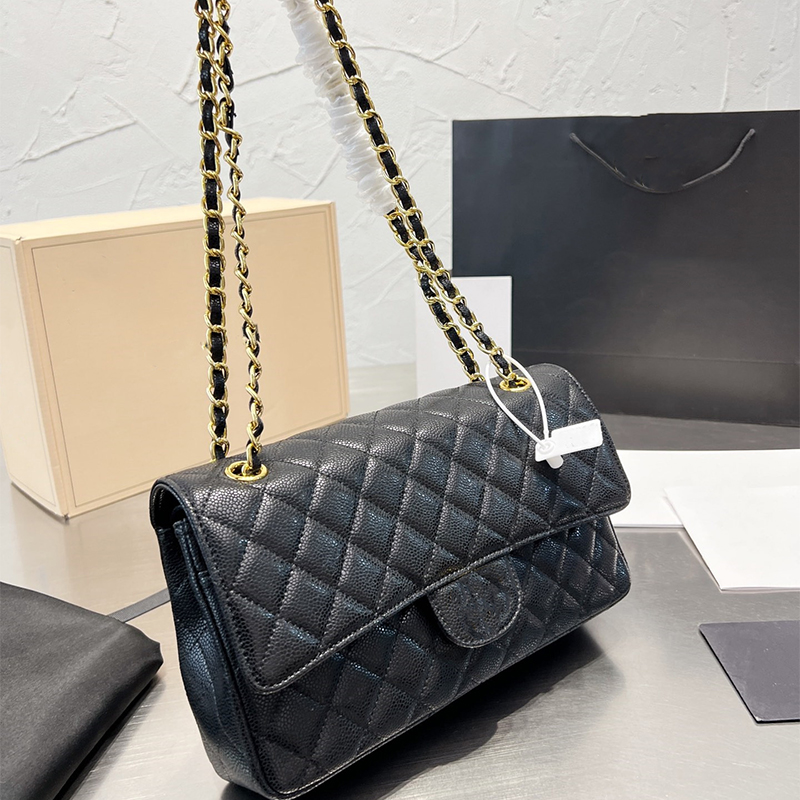 

classic designer bag fashion handbag shoulder chain crossbody bag 7A genuine leather caviar women the totes double flip luxury handbags quilt wallet, Black silver chain
