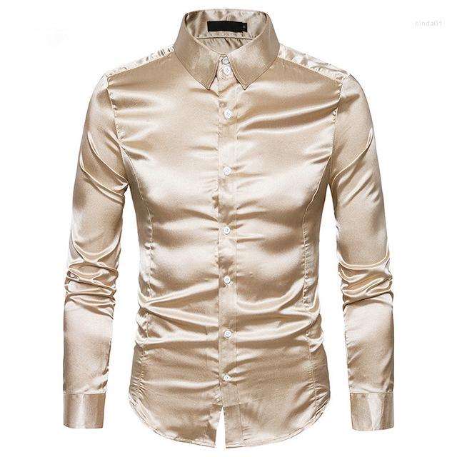 

Men' Dress Shirts Silk Shirt Long Sleeve Lapel Single Breasted Black Gold Satin Casual Slim Fit Social Formal Man Clothing