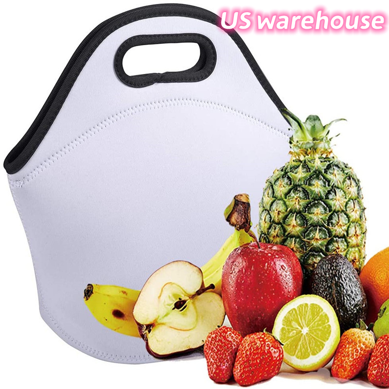 

US warehouse Sublimation Neoprene Lunch Bag Blank DIY student insulation Handbags Waterproof Lunch Box With Zipper for Adults Kids Z11, White