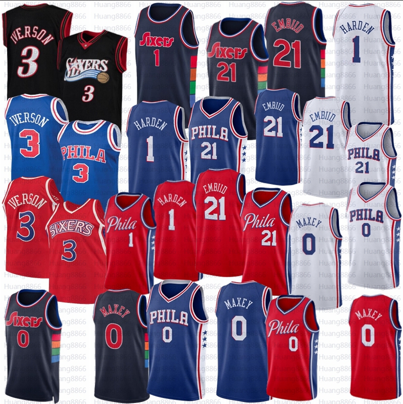 

James Sixer Harden Tyrese Maxey Joel Embiid Basketball Allen Iverson Jersey 2022 City White Edition Retro Shirt Blue Jerseys, As