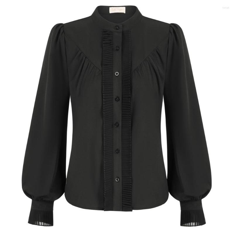 

Women' Blouses BP Women Ruffle Decorated Shirt Long Lantern Sleeve Stand Collar Button-up Tops Solid Victorian Vintage Blouse OL Workwear, Black