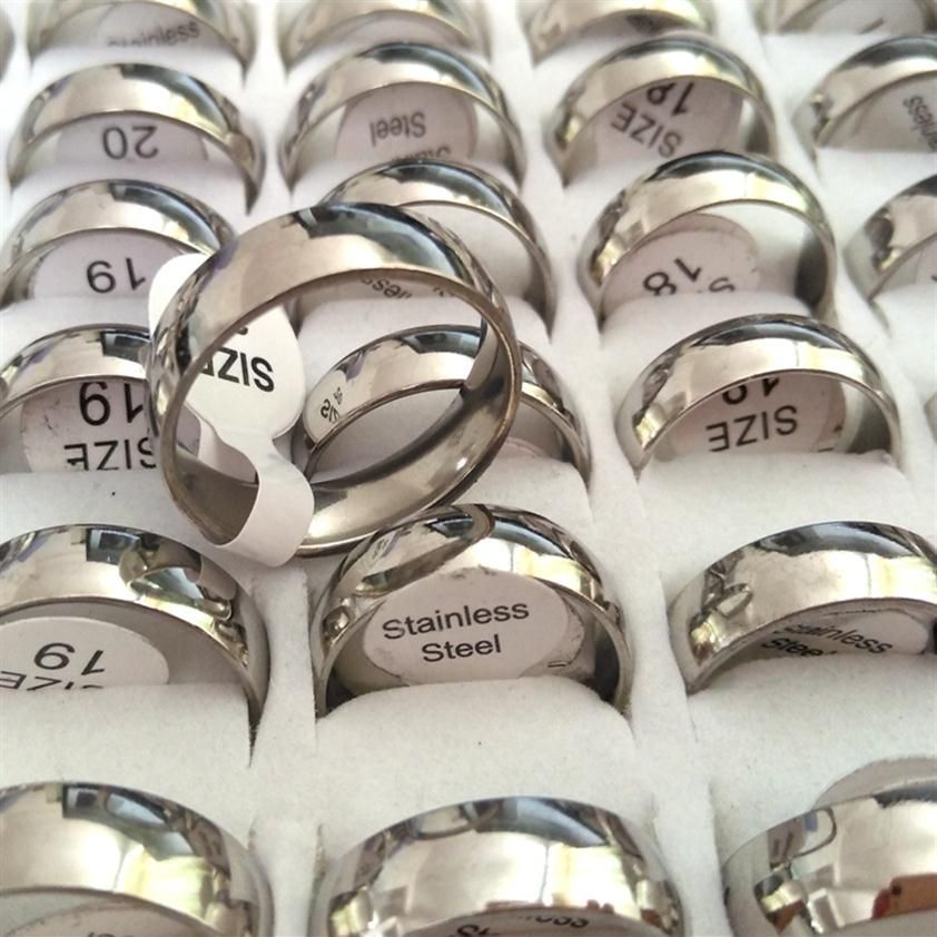 

Bulk lots 100pcs High Polished Silver Comfort-fit 6mm Band Stainless Steel Wedding Rings Unisex Jewelry Whole Jewelry Lots Sizes 17-21m295L