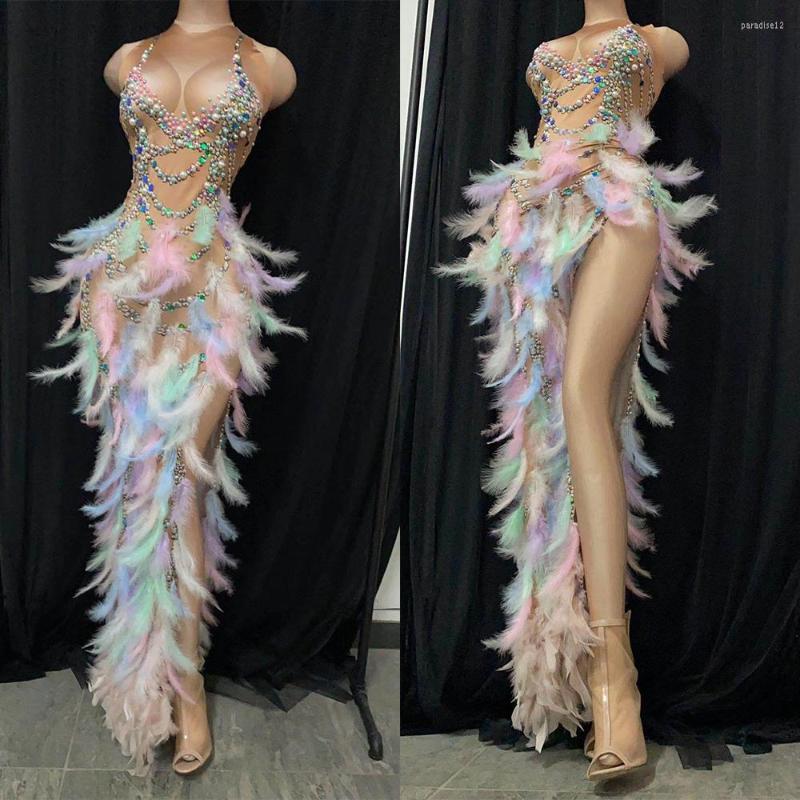 

Stage Wear Sparkly Print Feather Long Dress Drag Queen Costume Prom Birthday Celebrate Sexy Outfit Pink Elegant, Multi