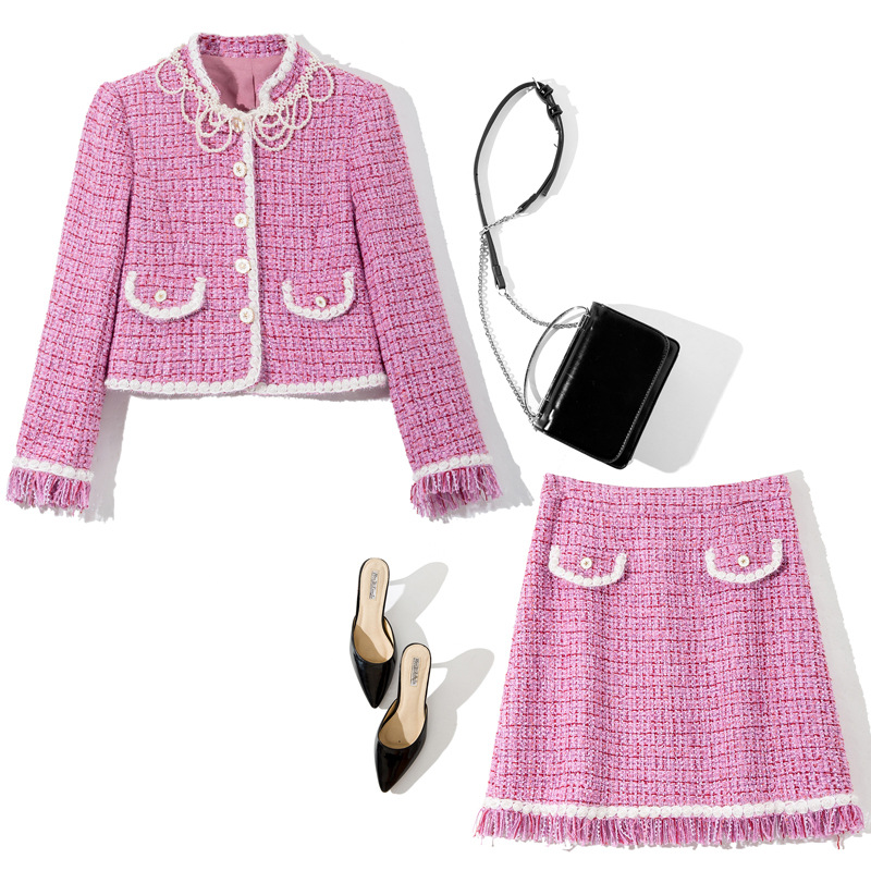 

2022 Autumn Pink Plaid Two Piece Dress Sets Long Sleeve Round Neck Tweed Single-Breasted Coat & High Waist Tassel Short Skirt Suits Set Y2O171651, Black