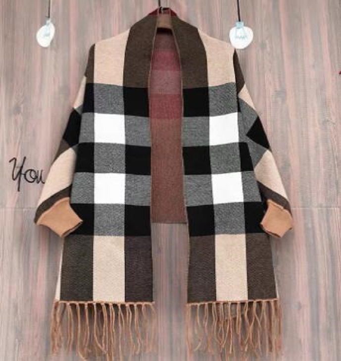

2022 new Autumn winter scarf plaid striped cape with sleeves women's knit coat Pashmina