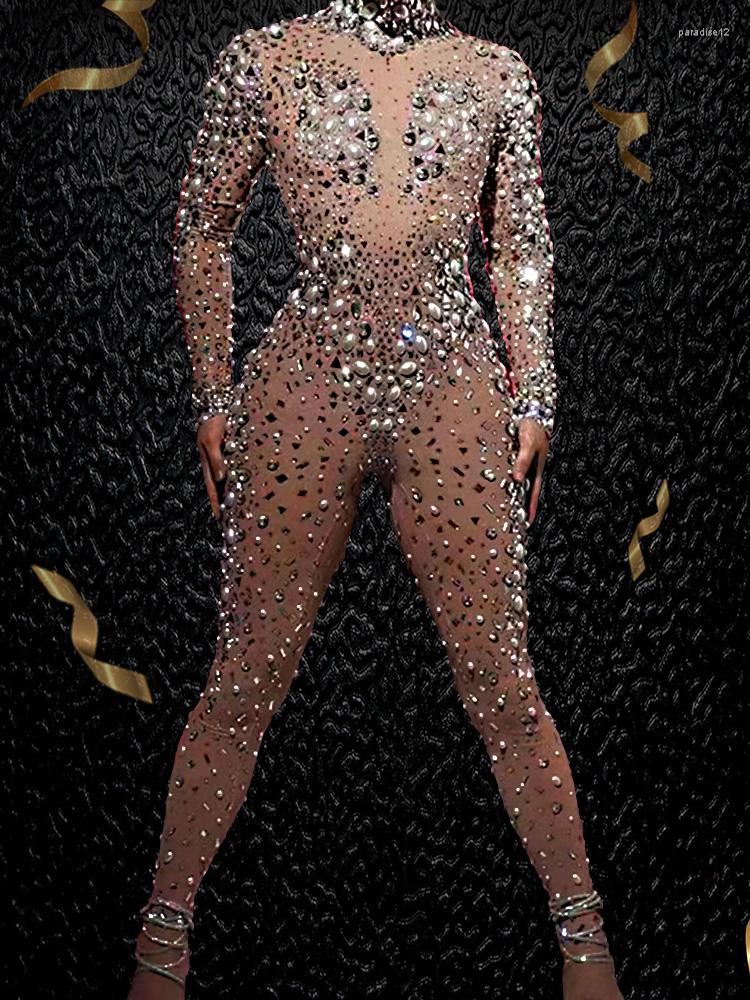 

Stage Wear Poster Girls Jumpsuit Gala See Through Perler Beads Big Pearls StonesParty Birthday Prom Ball Sexy Women Rhinstone Playsuit, Clear