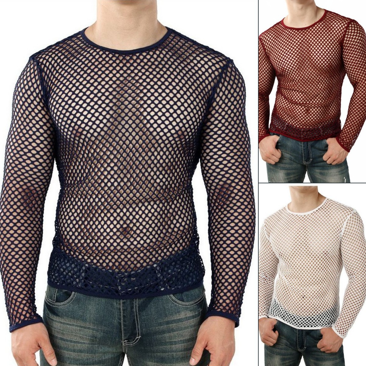 

Mens Transparent Sexy Mesh T Shirt 2022 New See Through Fishnet Long Sleeve Muscle Undershirts Nightclub Party Perform Top Tees, White