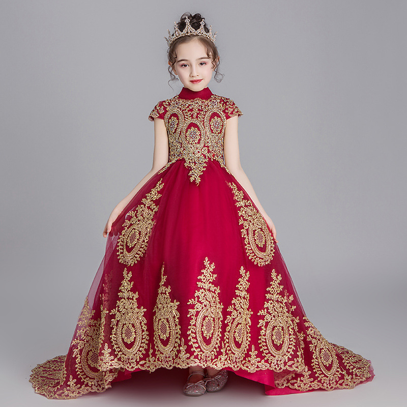 

2022 red Flower Girl Dresses Jewel Neck Ball Gown gold Lace Appliques Beads sweep train Kids Girls Pageant Dress Sweep Train Birthday Gowns