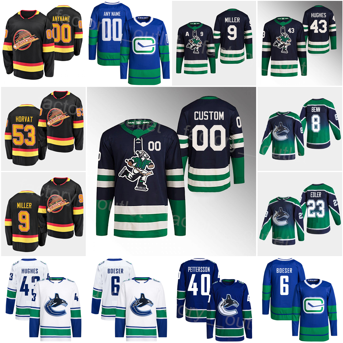 

2023 Reverse Retro Vancouver Hockey Canuck Elias Pettersson Jersey Bo Horvat Conor Garland Jonathan Lekkerimaki JT Miller Quinn Hughes Brock Boeser Man Woman Youth, White