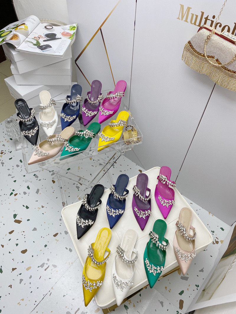 

Fashion Rhinestone Banquet Sandals BING Women Shoes Pointed Toe Ladies Muller Shoes Flat Slippers, Flat black