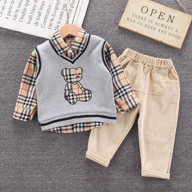 

Fashion Children Baby Boys Clothing Set Kids Autumn Spring Clothes Cotton Sweater Vest Shirt Pants 3Pcs/set Kids Toddler Outfit, Beige