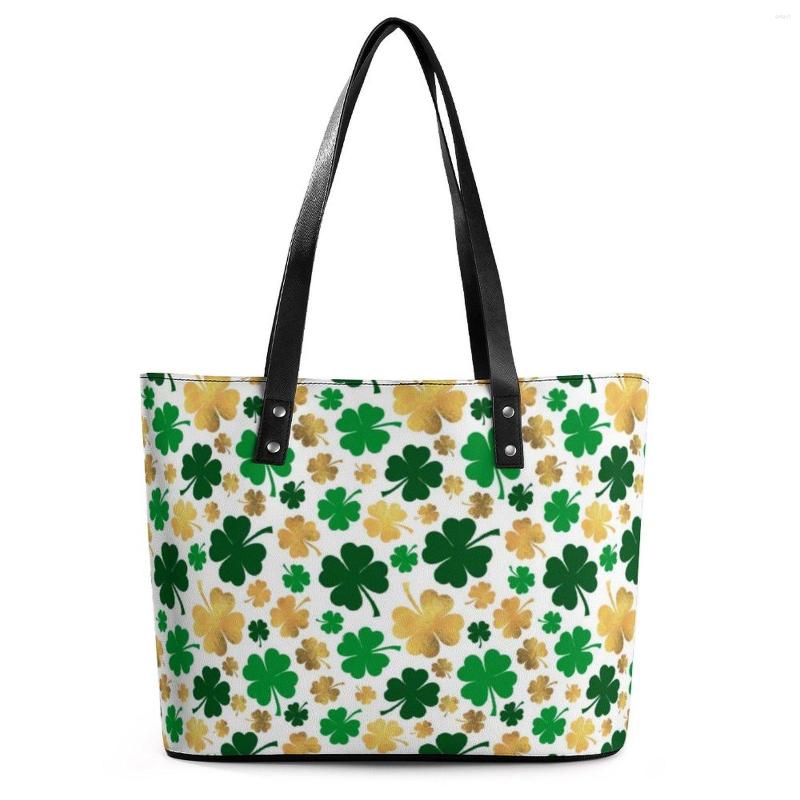 

Evening Bags St Patricks Day Handbags Four Leaf Clover Shamrock Pocket Tote Bag Retro PU Leather Shoulder Women Business Print Hand, Style-11