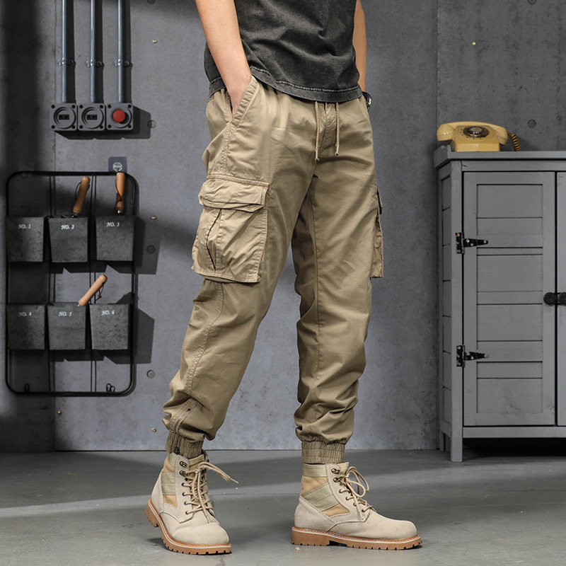 GODLIKEU Cargo Pants Men's Multi Pockets Trending Loose Khaki Retro Spring and Summer Cotton Casual Trousers