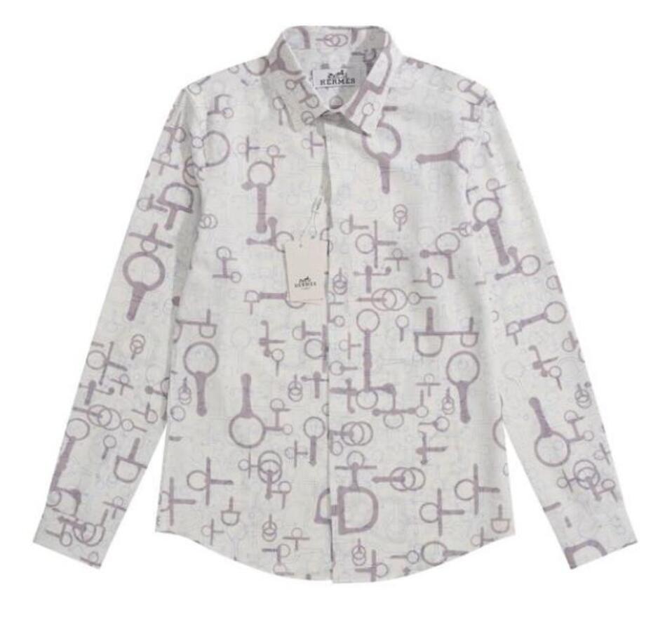 Hermes Dior Louis Vuitton Spring and Summer New Europe America Casual Shirt Men's Printed Iron Free Long Sleeve Fashion Versatile Polo Neck Men