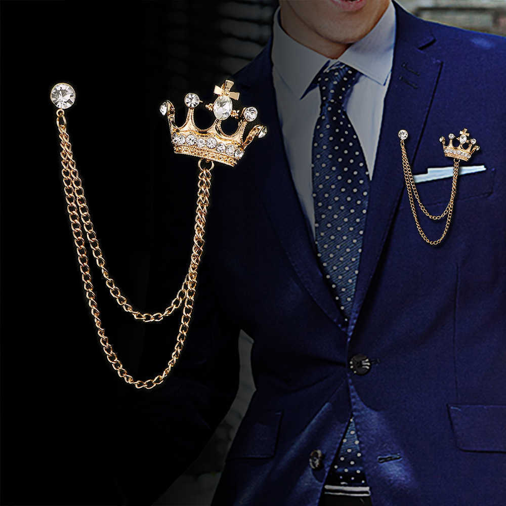 Pins Brooches i-Remiel High-end Retro Men's Tassel Brooch Vintage British Style Pin Crystal Crown Badge Corsage for Suit Collar Accessories-image-812183874
