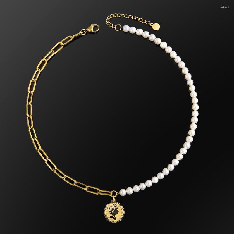 

Choker KRKC Custom 6mm Dainty Pearl Gold Plated Stainless Steel Paper Clip Chain Queen Pendant Necklace With Charm