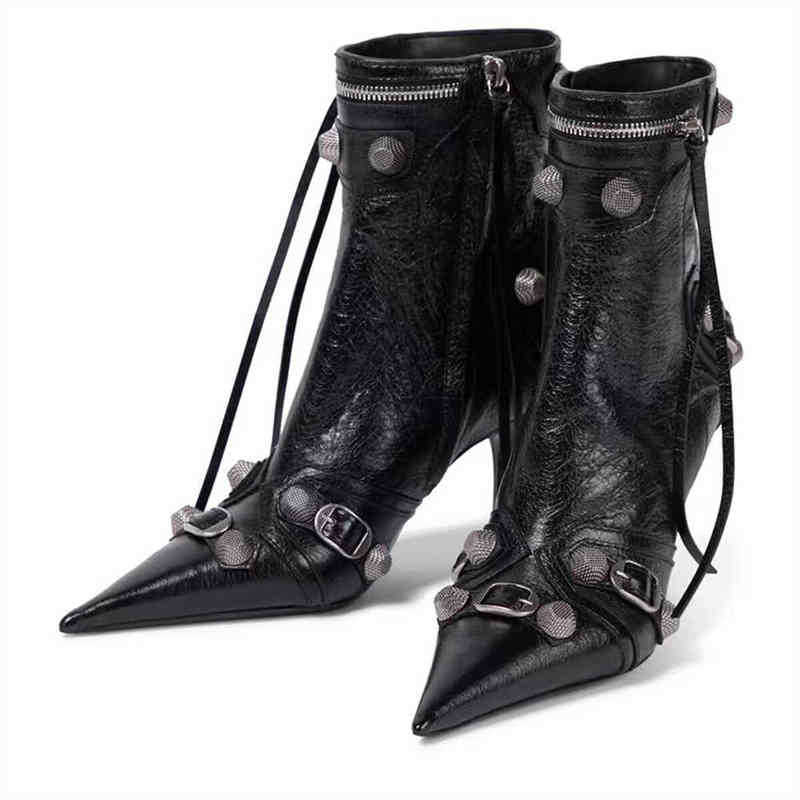 

Designer Boots New Women Slim High Heel Metal Buckle Chain Luxury Shoes Fashion Comfortable Pointed Toe Ankle Stiletto Party Short 220815, Black