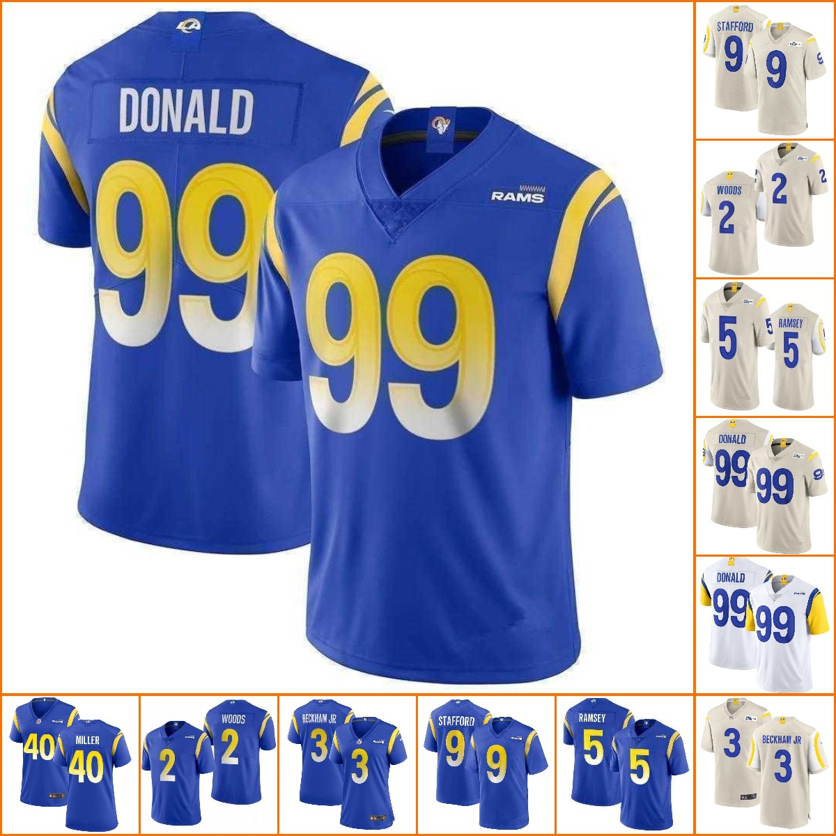 

Jersey Wholesale Custom Football Los Angeles''Rams''Men women youth 3 Odell Beckham Jr. 40 Von Miller 99 Aaron Donald 9 Matthew Stafford 5 Jalen Ramsey, Color12