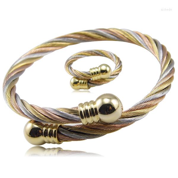 

Necklace Earrings Set Fashion Punk Women Men Style Twisted Color Rose Gold 316L Stainless Steel Cable Wire Bracelet Ring, Picture shown