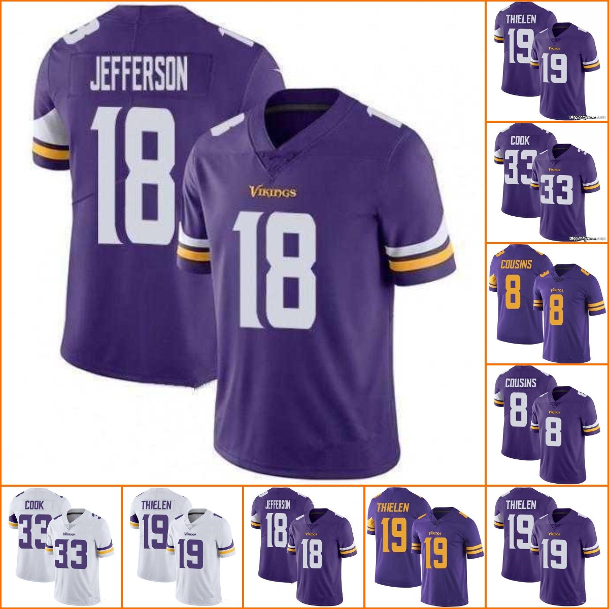 

Jersey Wholesale Custom Football Men women youth Minnesota''Vikings''19 Adam Thielen 8 Kirk Cousins 18 Justin Jefferson 33 Dalvin Cook, Color10