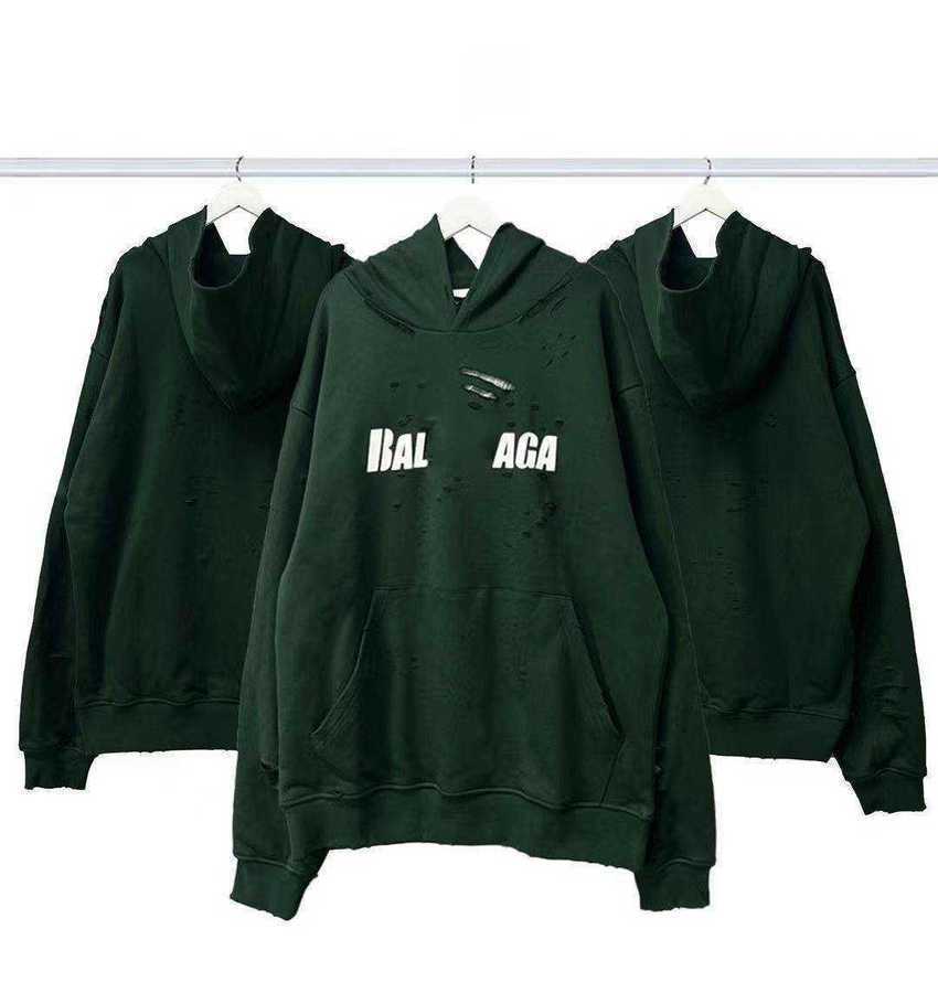 

Fashion Brand High Quality Hoodies Paris Hole Tearing Washed Chest Letter Print Loose Pullover Sweatshirts Green