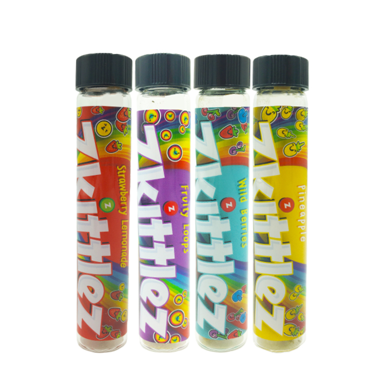 

Zkittles Glass tube Mix 7 Flavors Sticker Label Packaging Skittles Prerolls Tubes 120mm Size OEM labels futures Moonrock