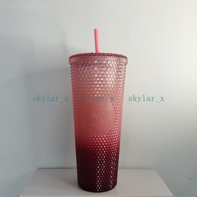 

710ML/24oz Starbucks Tumblers Double pink gradient blue Durian Laser Straw Cup Tumblers Mermaid Plastic Cold Water Coffee Cups Gift Mug, Multi-color