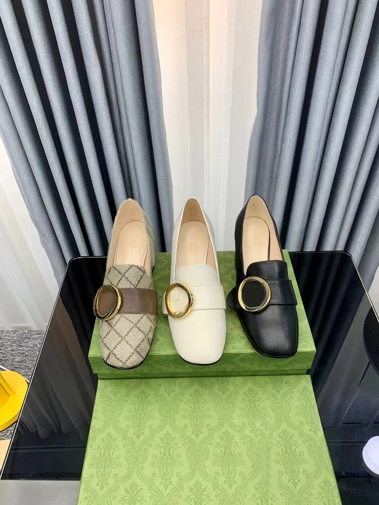 

Women Square Dress Shoes letter spring autumn cowhide Belt buckle high heels Coarser heel leather Metal buckle lady designer heeled boat shoe Large size 34-42 With box, White
