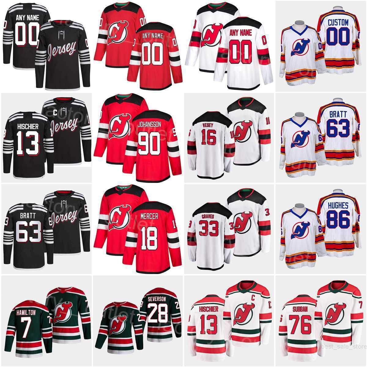 

New Jersey Hockey Devils 7 Dougie Hamilton Jersey 18 Dawson Mercer 28 Damon Severson 90 Tomas Tatar 63 Jesper Bratt Jack Hughes Nico Hischier PK Subban Man Woman Youth, White