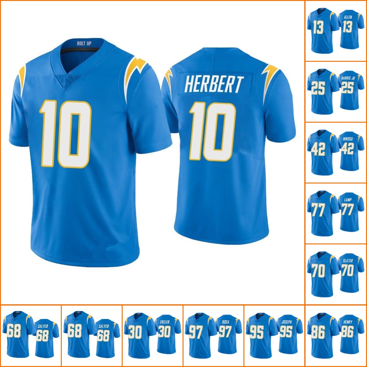 

Jersey Custom Rashawn Slater Justin Herbert Joey Bosa Keenan Allen Derwin James Jersey Los Angeles''Chargers''MEN Women Youth Powder Blue Vapor Limited, 16