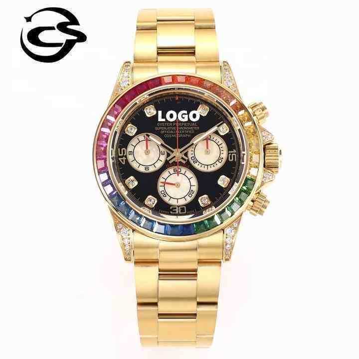 

Chronograph Diver Luxury Mechanical Watch 904l Steel Eta 4130 Timing Movement Rose Gold 116595 Rainbow Circle Gemstone Diamond Brand