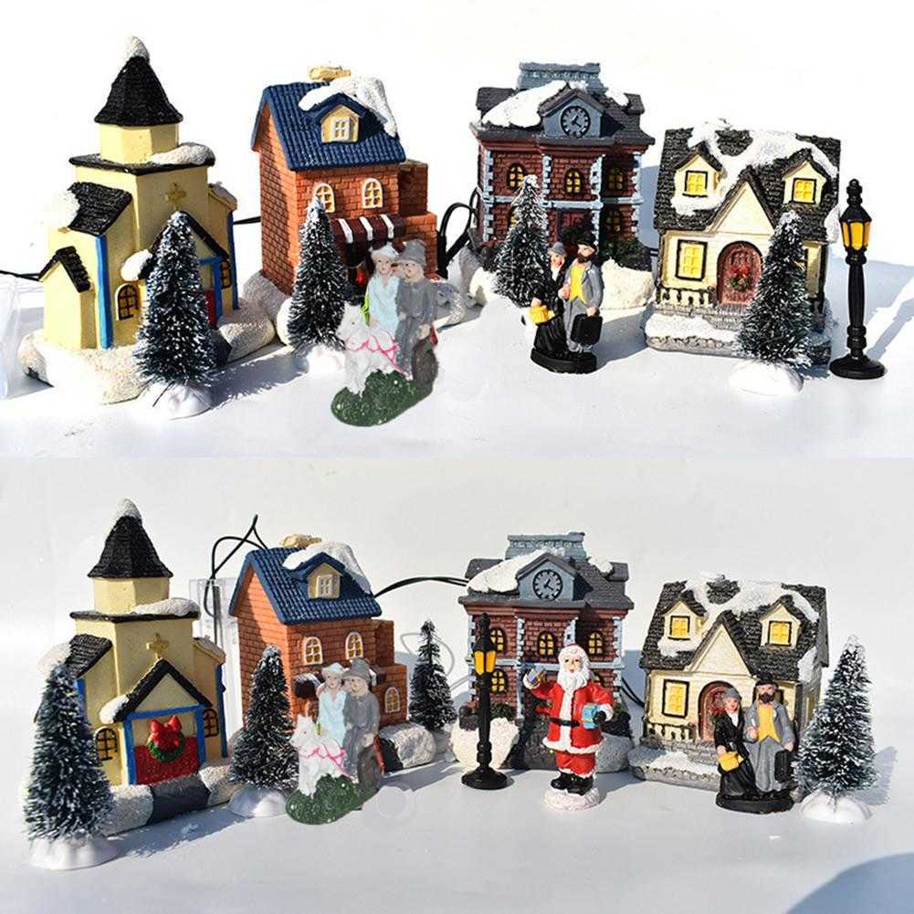 

10Pcs/Set Christmas Santa Claus Snow House Tiny Scene Sets Luminous LED Light Up Xmas Tree Shop Village Decorations Figurines H1020