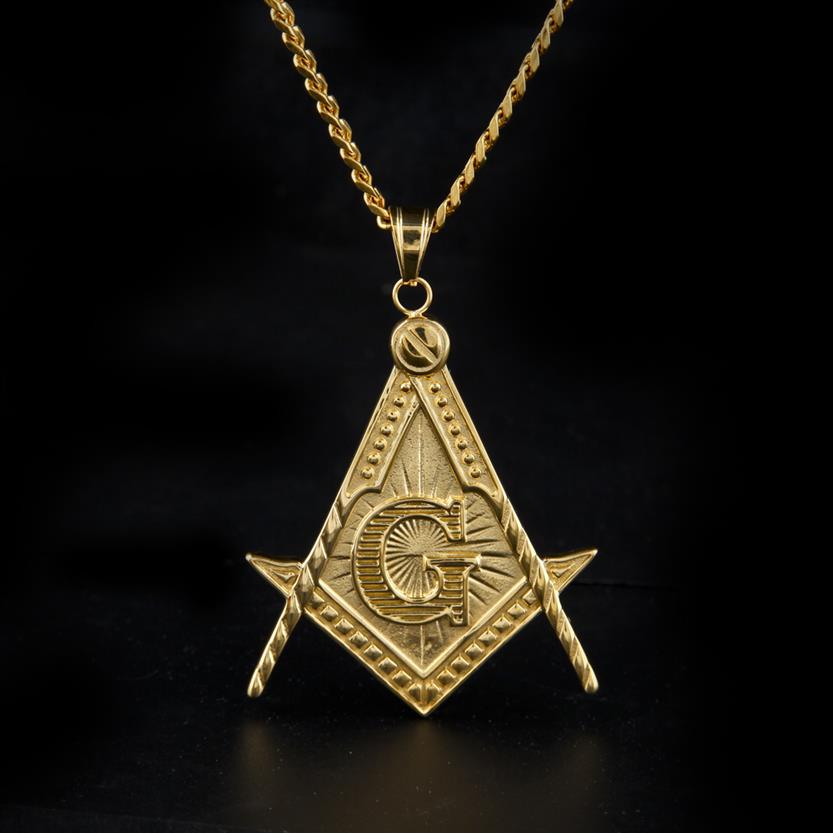 

Mens Stainless Steel Masonic Illuminati Symbol Mason Pendant Necklace Gold Plated with Cuban Chain for Men Women256d