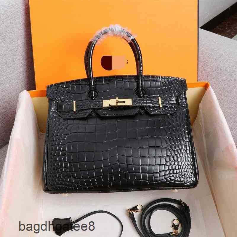 

One Birkins Bag Designer Bags Single Hermee Platinum High Crocodile Grain Cowhide Women's Leather Portable U92o, Red trumpet