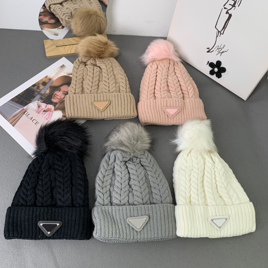 

Women Designer Beanie Autumn Winter Cotton Warm bonnet Fashion Wool Ball Metal Triangle Letter beanies, Grey