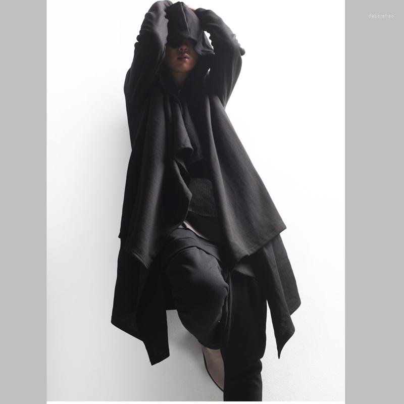 

Men' Hoodies Men' Coat Autumn Winter Mid - Long Style Loose Layered Large Lapel Hooded Casual Windbreaker Yamamoto, Black