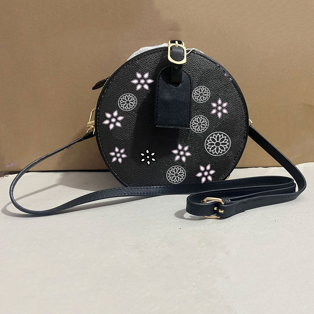 

Women Round handbags Circular Crossbody Bag Classic Designers Shoulder Purse Old Flower Genuine lvs Leather Strap Handle Luxury Lady Cosmetic Wallet, Black